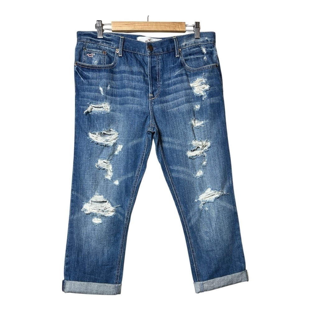 Hollister Jr. Cropped Boyfriend Relaxed Distressed Denim Jeans size 7 - Picture 2 of 12